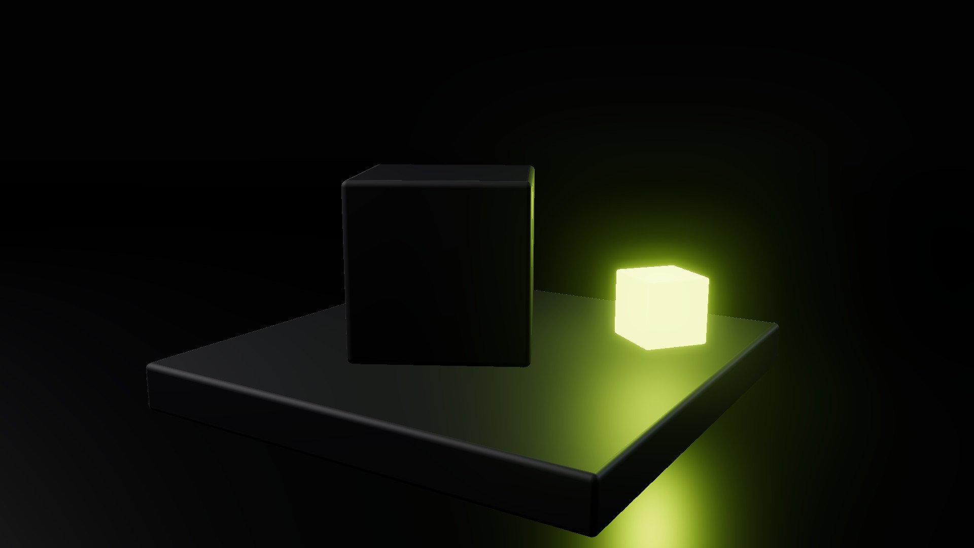 A large black block and a small glowing block on a dark plinth