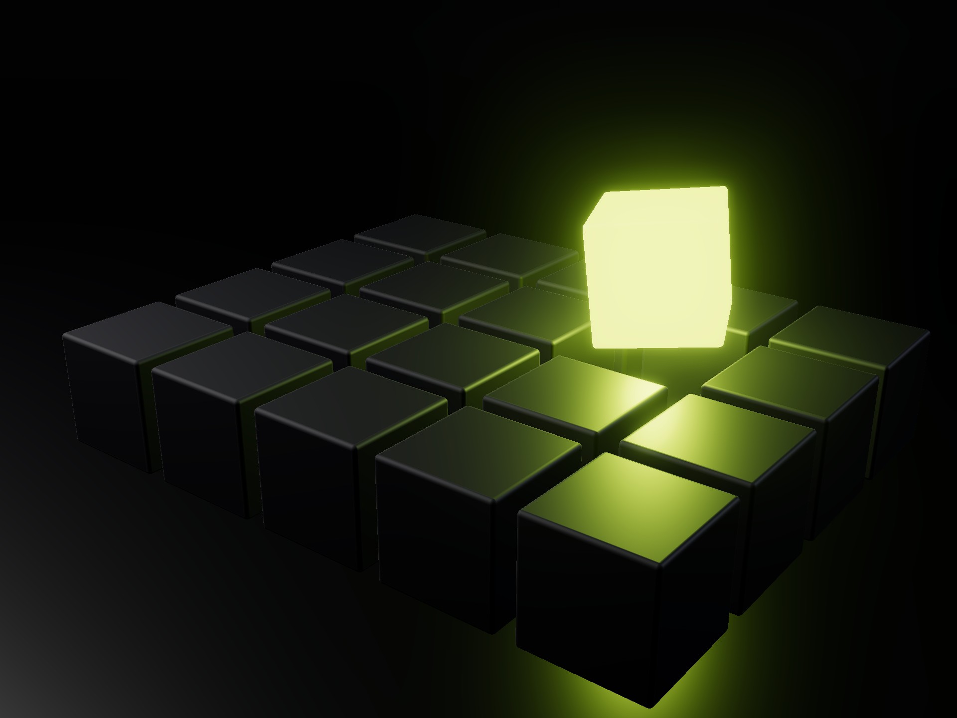 A grid of matte black blocks with one glowing block being placed