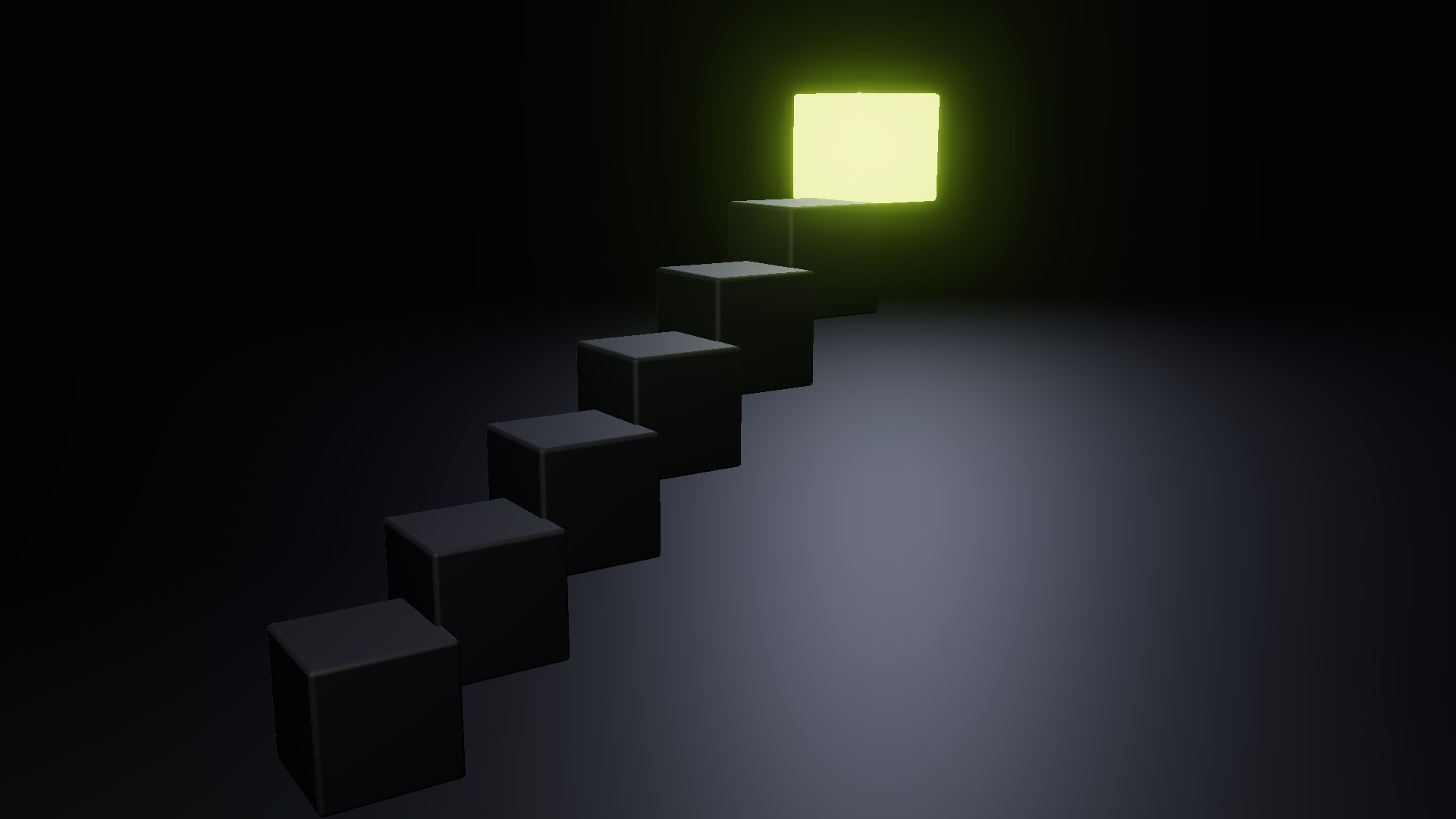 A staircase of black blocks rising toward one glowing block